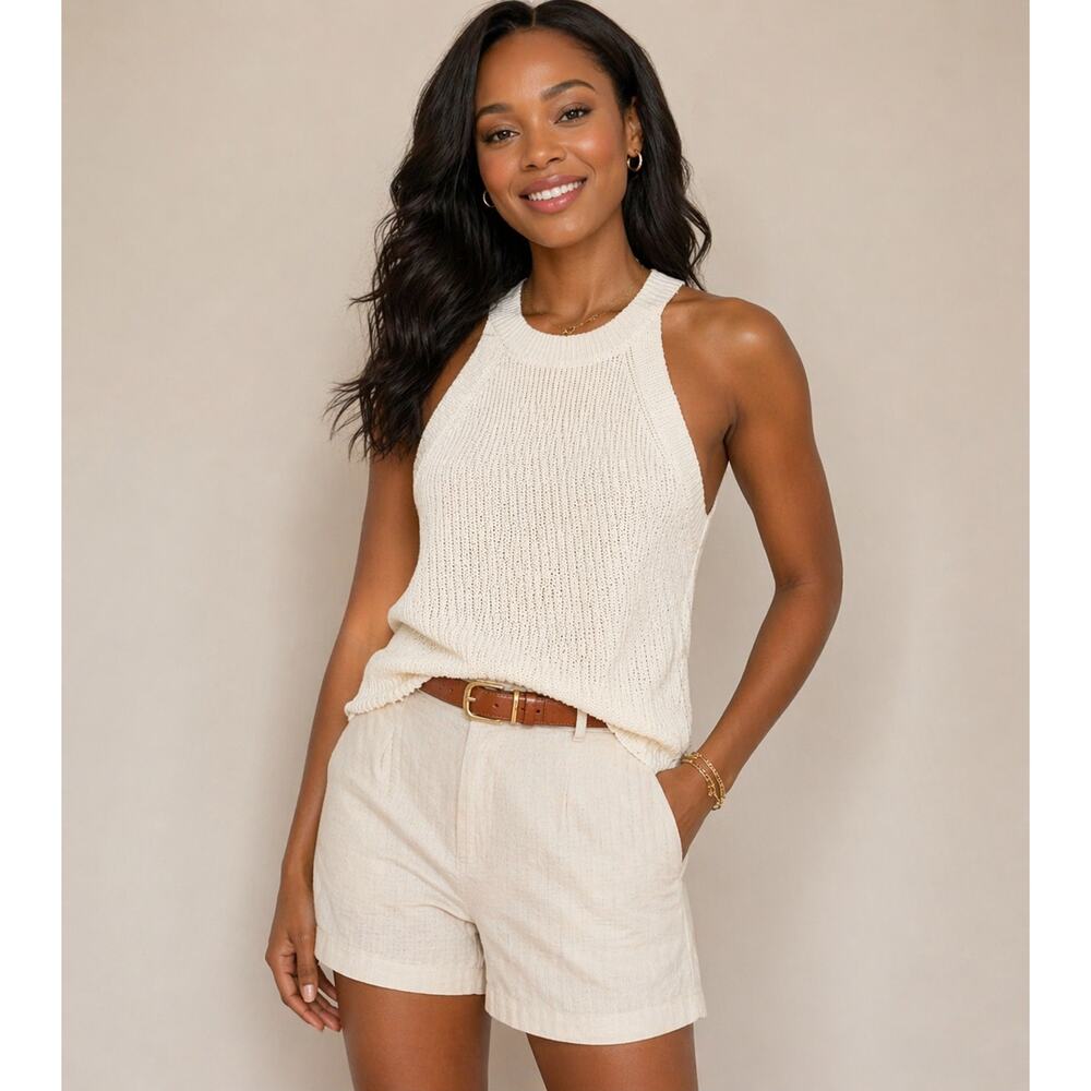 La Miel White Knit Halter Tank Sleeveless Minimalist Boho Beach Stretch Top L